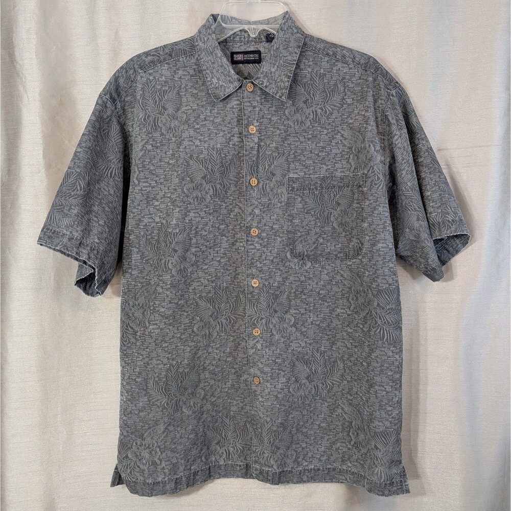 Hawaiian Shirt Mens Medium (38-40) Gray Floral Jacquard Button-up Short Sleeve
